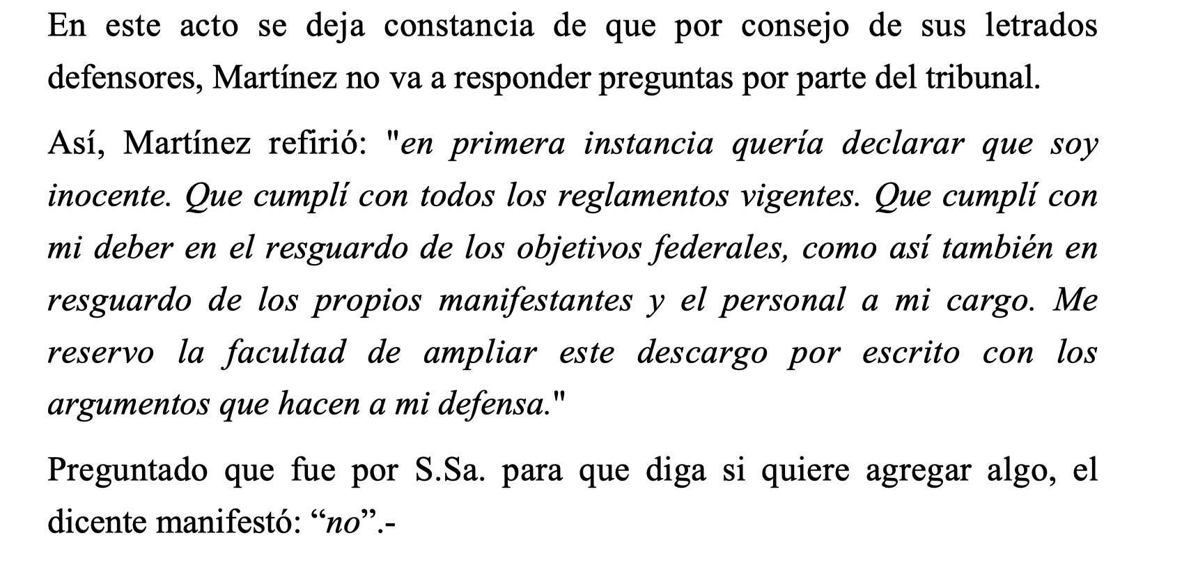 Parte de la indagatoria de Martínez este martes en la justicia.