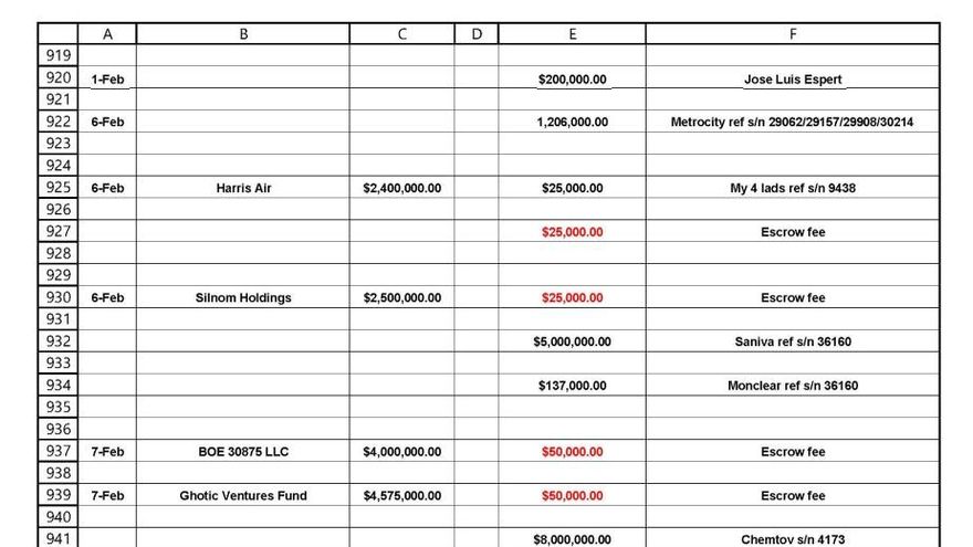 Contabilidad clandestina del fideicomiso que manejaban Debra Mercer-Erwin y Federico Machado, incorporada al expediente judicial de Texas. El 1 de febrero de 2020 registra una transferencia a José Luis Espert.